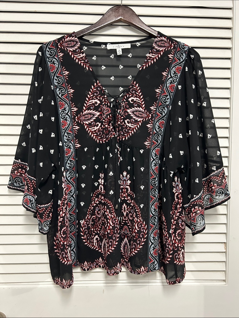 Boho Semi Sheer Black Floral Lace-Up Women’s Top